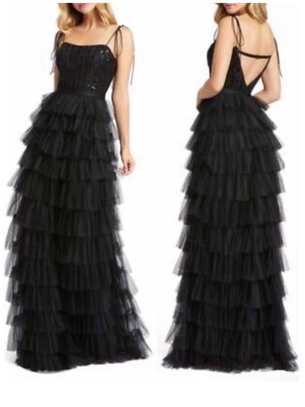 Mac Duggal Black Tiered Tulle Maxi Gown with Sequin Bodice size 14